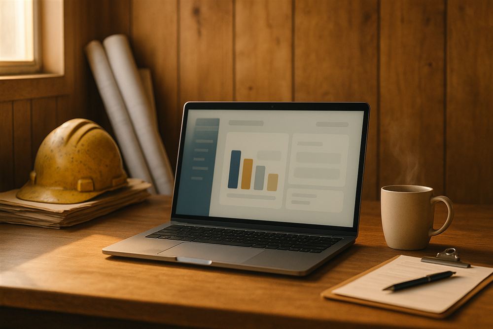 A laptop with a simple dashboard on a desk in a construction jobsite office